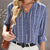 Striped Print V Neck Half Buttons Loose Blouse Dusty Blue
