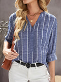 Striped Print V Neck Half Buttons Loose Blouse Dusty Blue