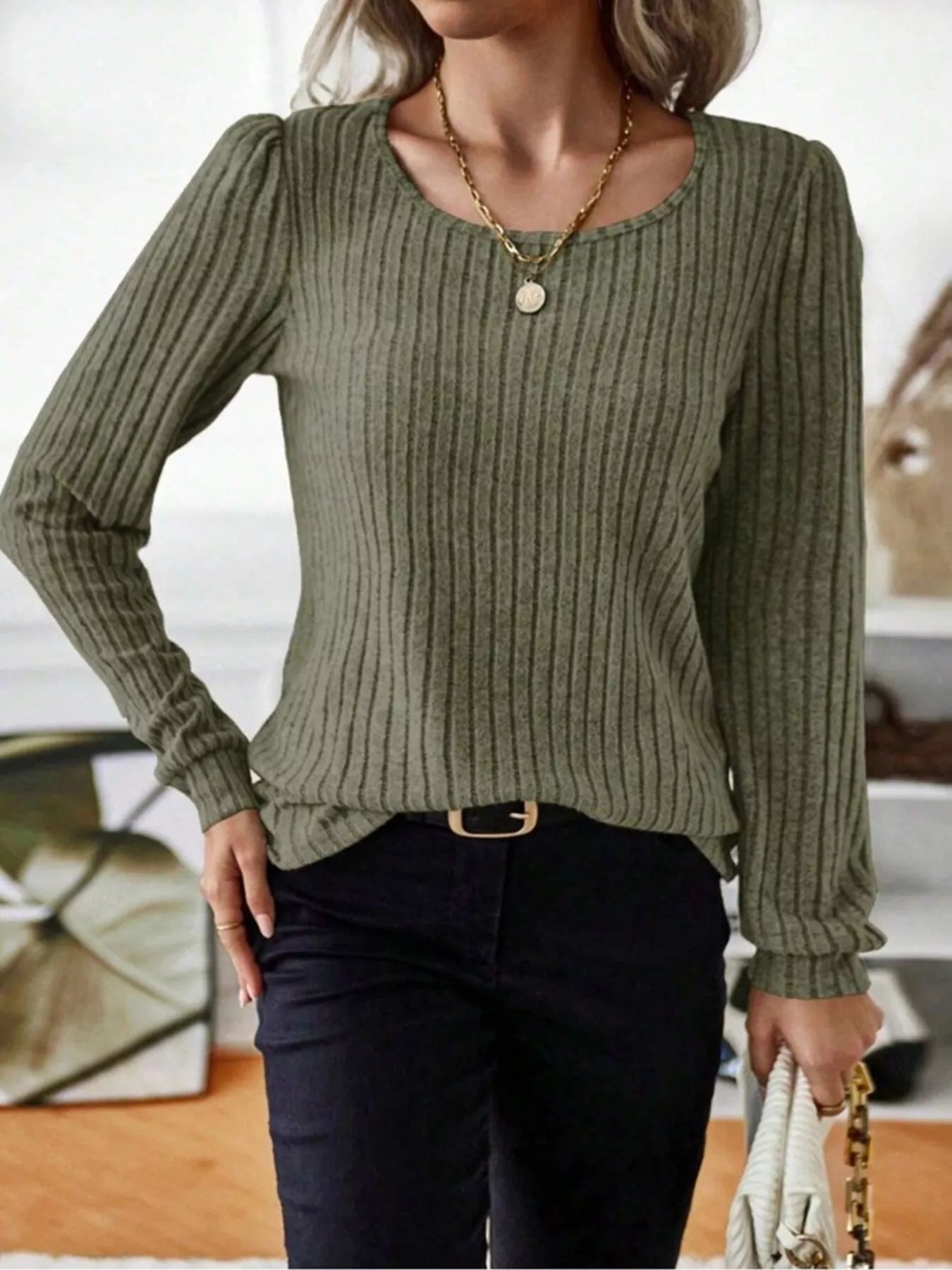 Ribbed Knit Long Sleeve T-Shirt