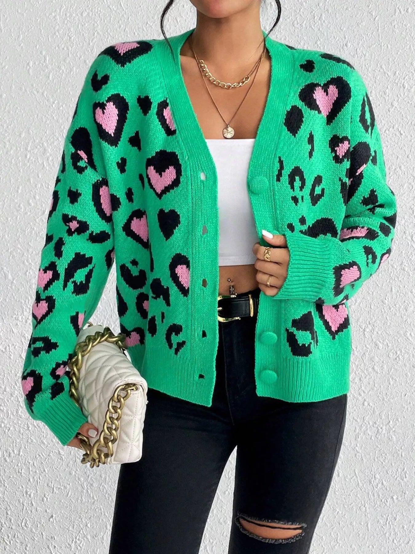 Leopard Button Front Cardigan Green