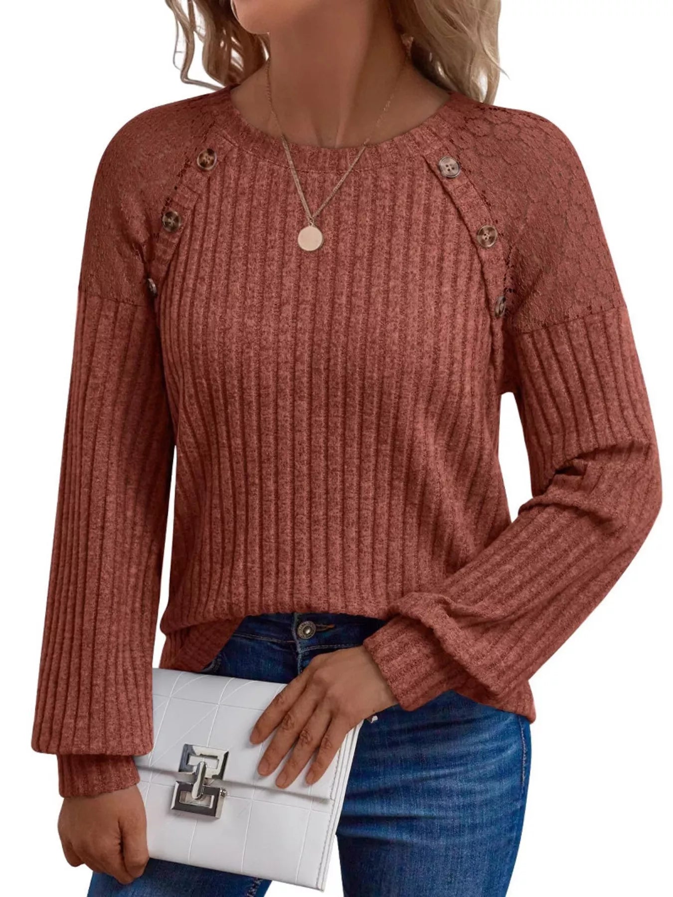 Ribbed Knit T-Shirt with Lace Shoulder Detail