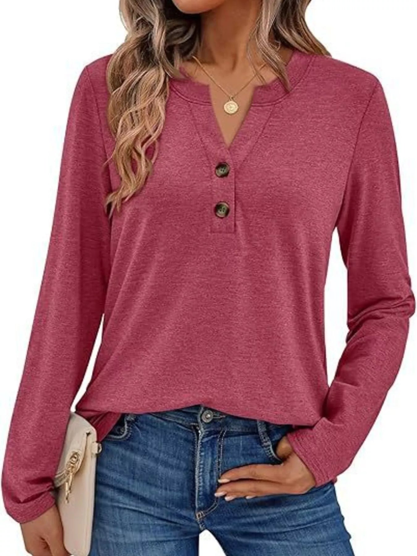 Casual Long Sleeve Button Detail T-Shirt Burgundy