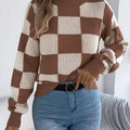 Checkered Turtleneck Long Sleeve Sweater