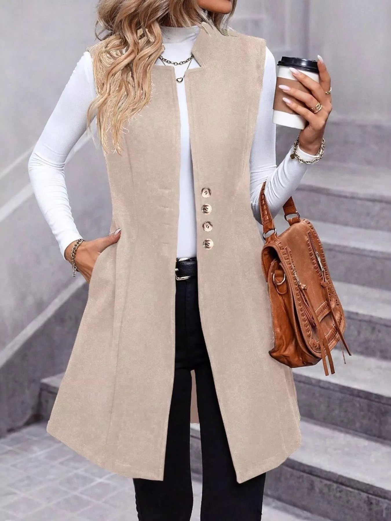 Button Up Sleeveless Longline Vest Coat