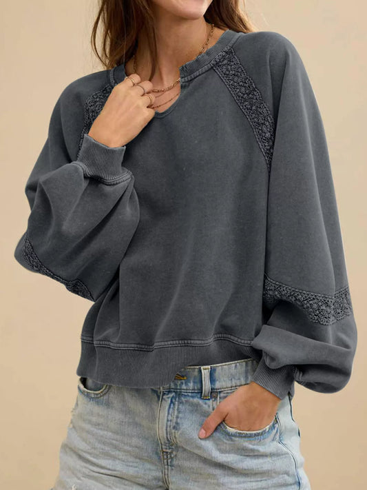 Lace Patchwork Detail Notched Mineral Wash Sweatshirt Dark Gray