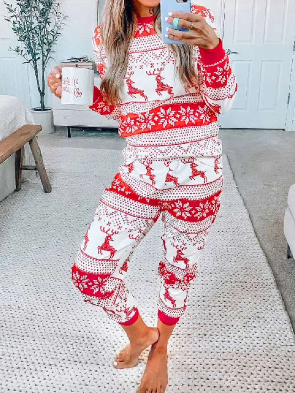 Full Size Christmas Element Round Neck Top and Pants Set Orange-Red