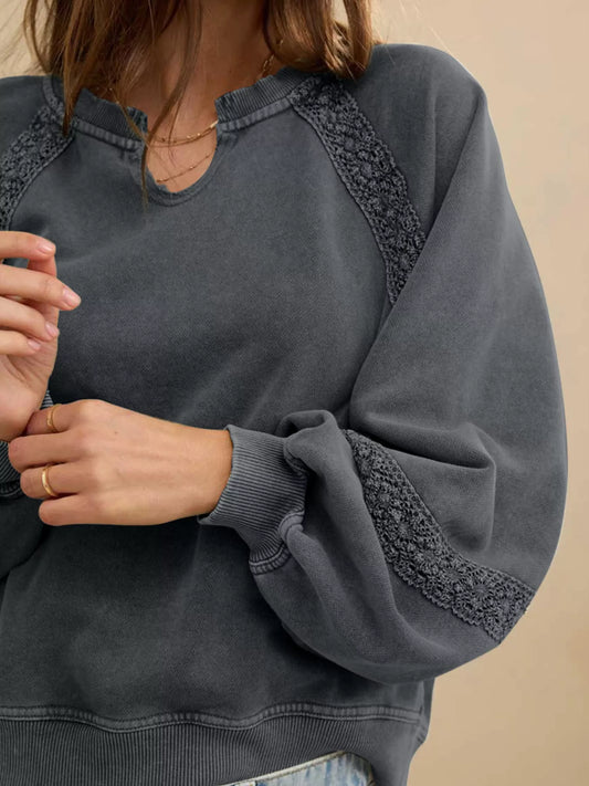 Lace Patchwork Detail Notched Mineral Wash Sweatshirt