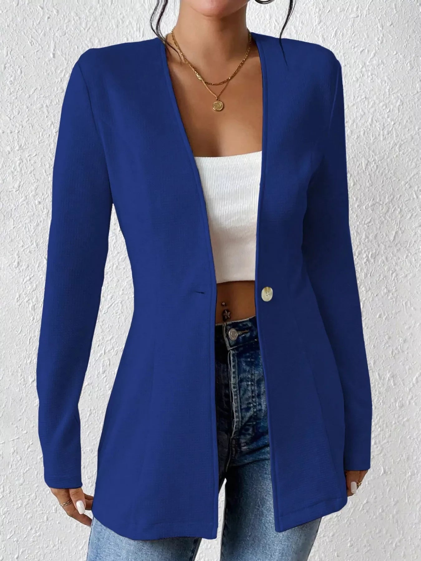 One Button Long Sleeve Blazer Blue
