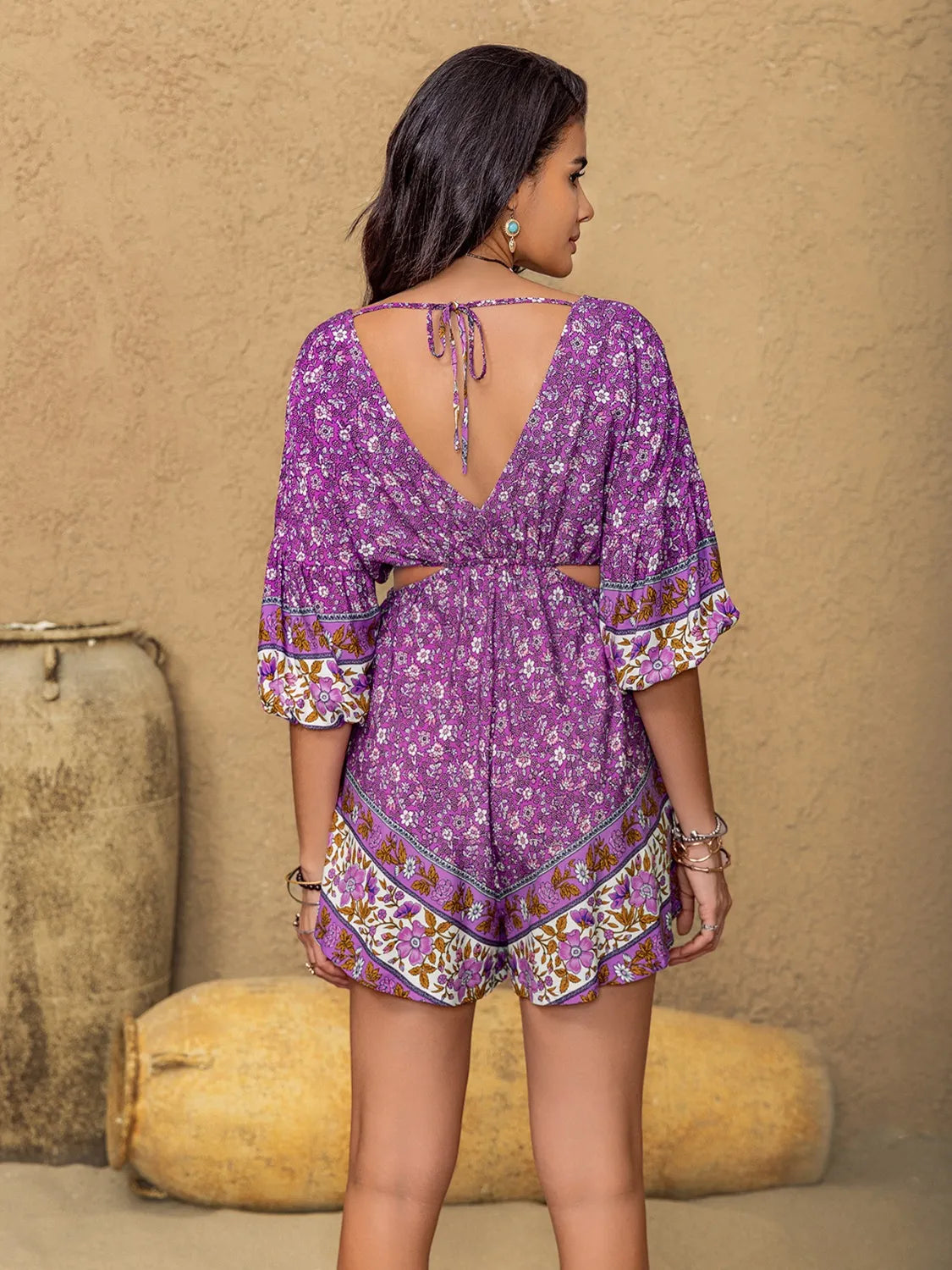 Tied Front Cutout Printed Romper