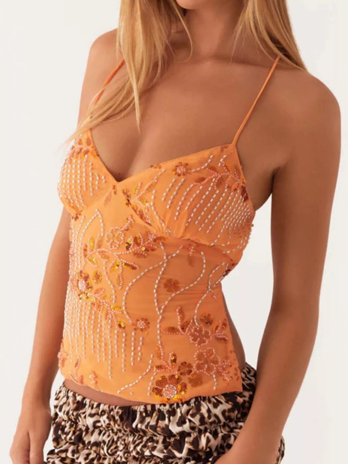 Embroidered Sequin Tie Back Cami Orange
