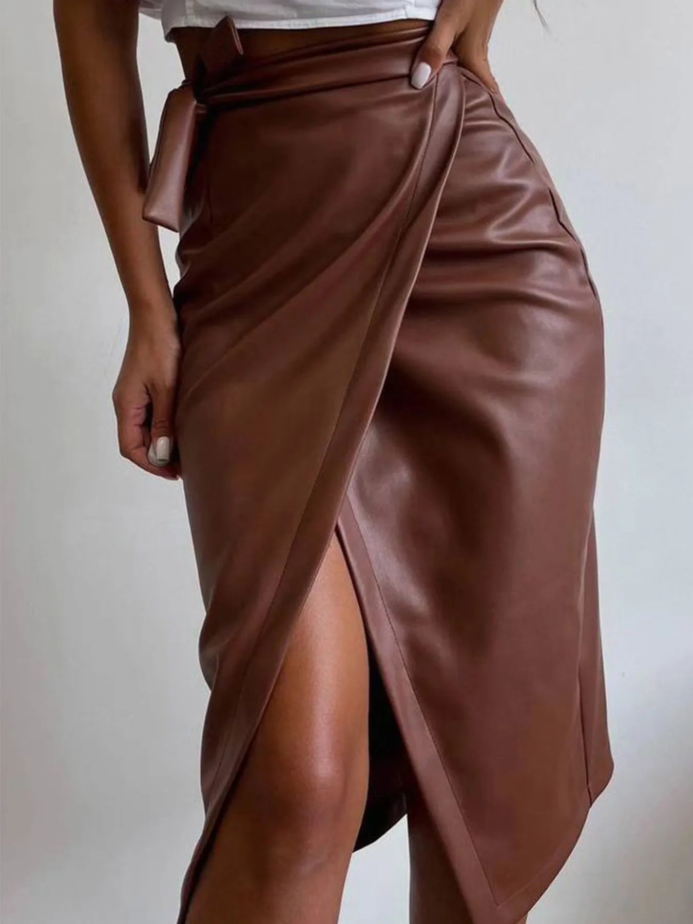 Slit Leather Midi Skirt Coffee Brown