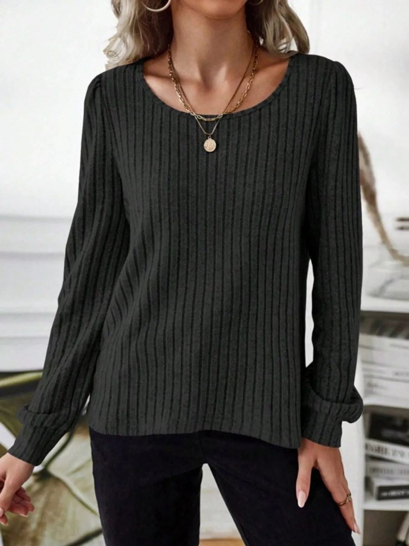 Ribbed Knit Long Sleeve T-Shirt