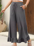 Ruffled Wide Leg Pull On High Waist Pants with Pockets Dark Gray