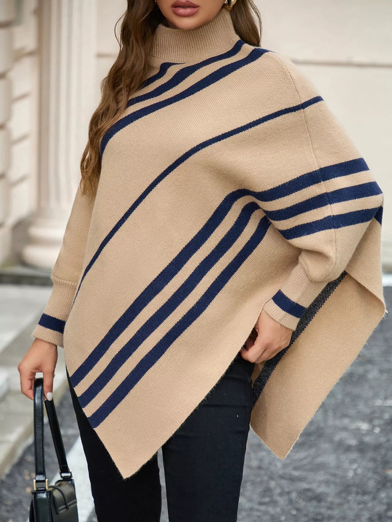 Striped Pattern Batwing Sleeve Sweater Khaki