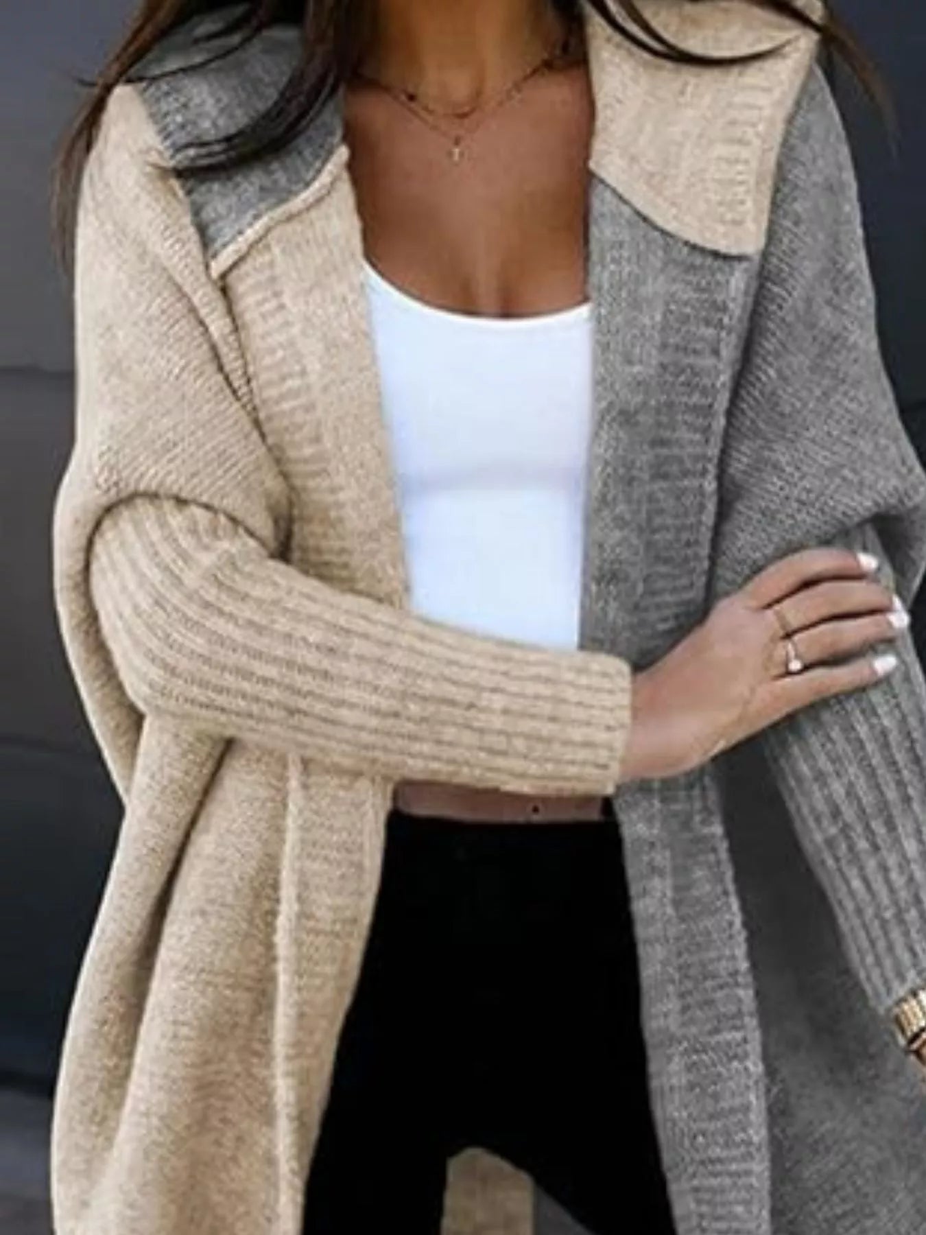 Two-Tone Open Front Knit Hooded Cardigan