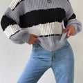 Striped Knit Round Neck Sweater Black