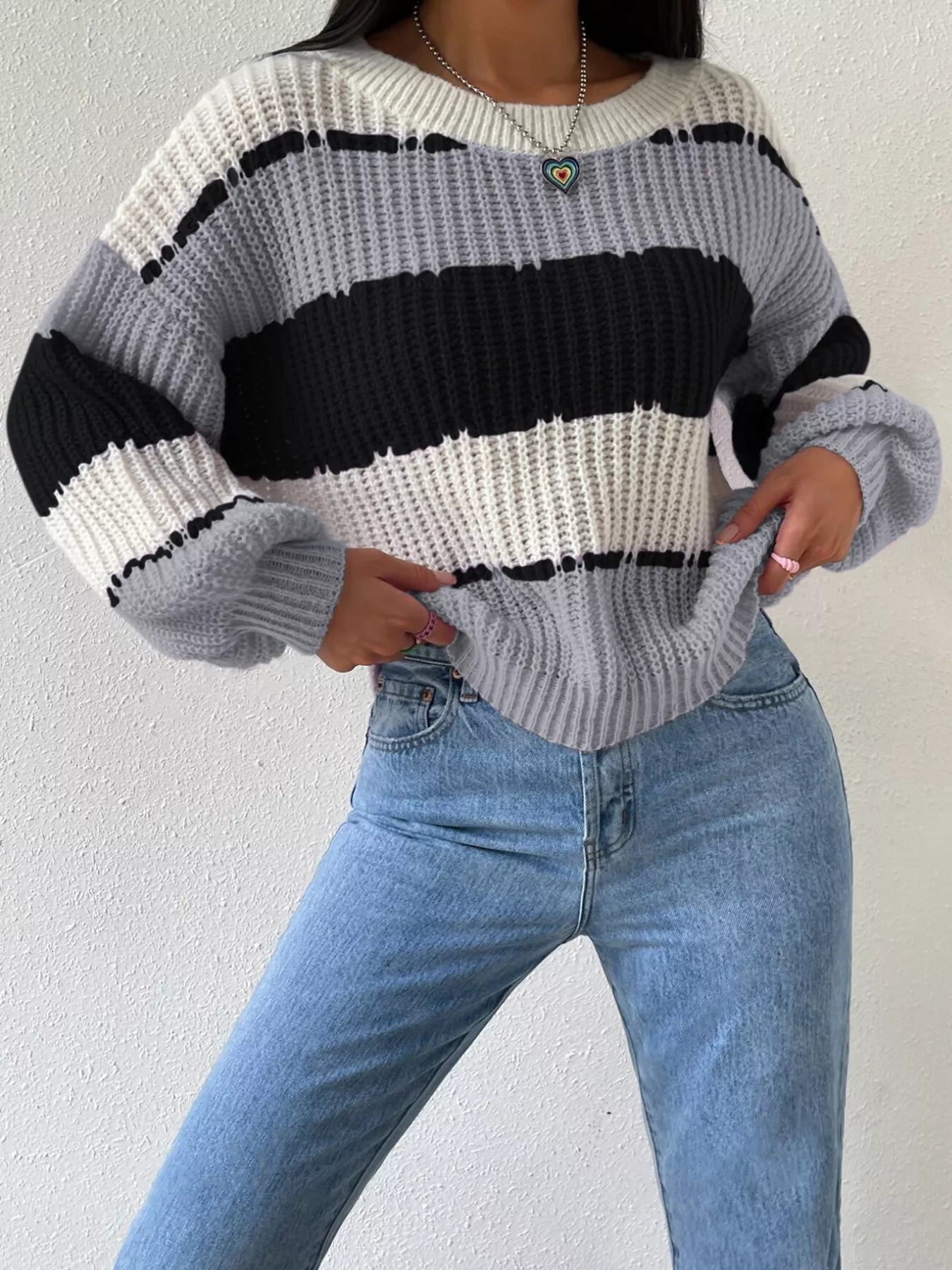 Striped Knit Round Neck Sweater Black