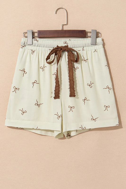 Bow Print Lace Drawstring Casual Shorts