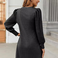 Ribbed Knit Puff Sleeve Casual Mini Dress Grey