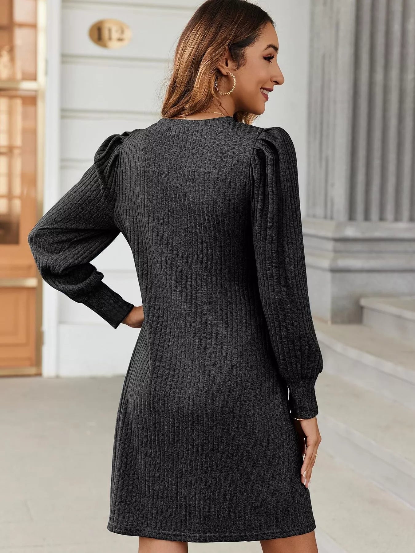 Ribbed Knit Puff Sleeve Casual Mini Dress Grey