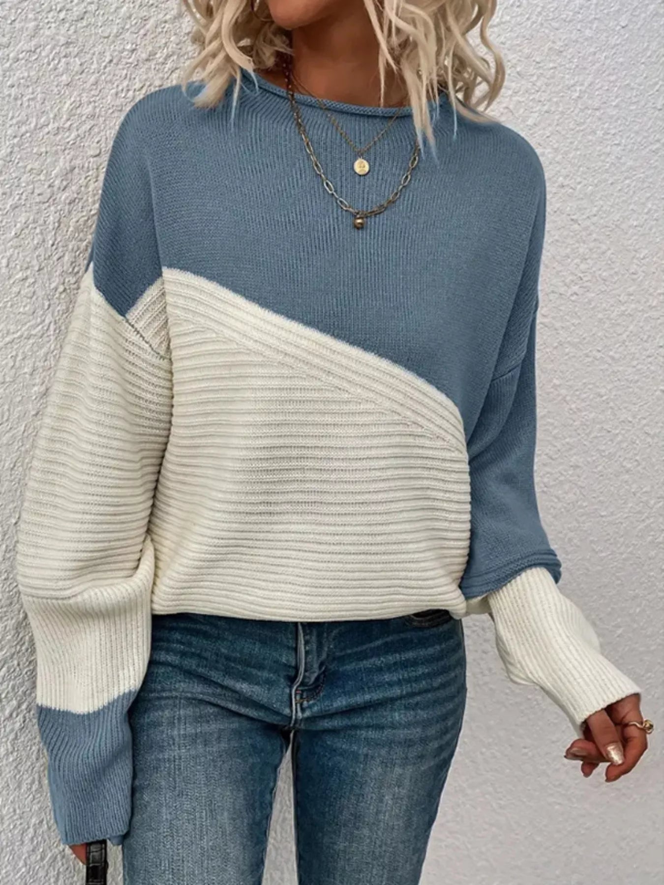 Color Block Ribbed Knit Sweater Sea blue