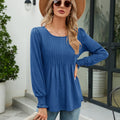 Smocked Round Neck Lantern Sleeve Blouse Peacock Blue