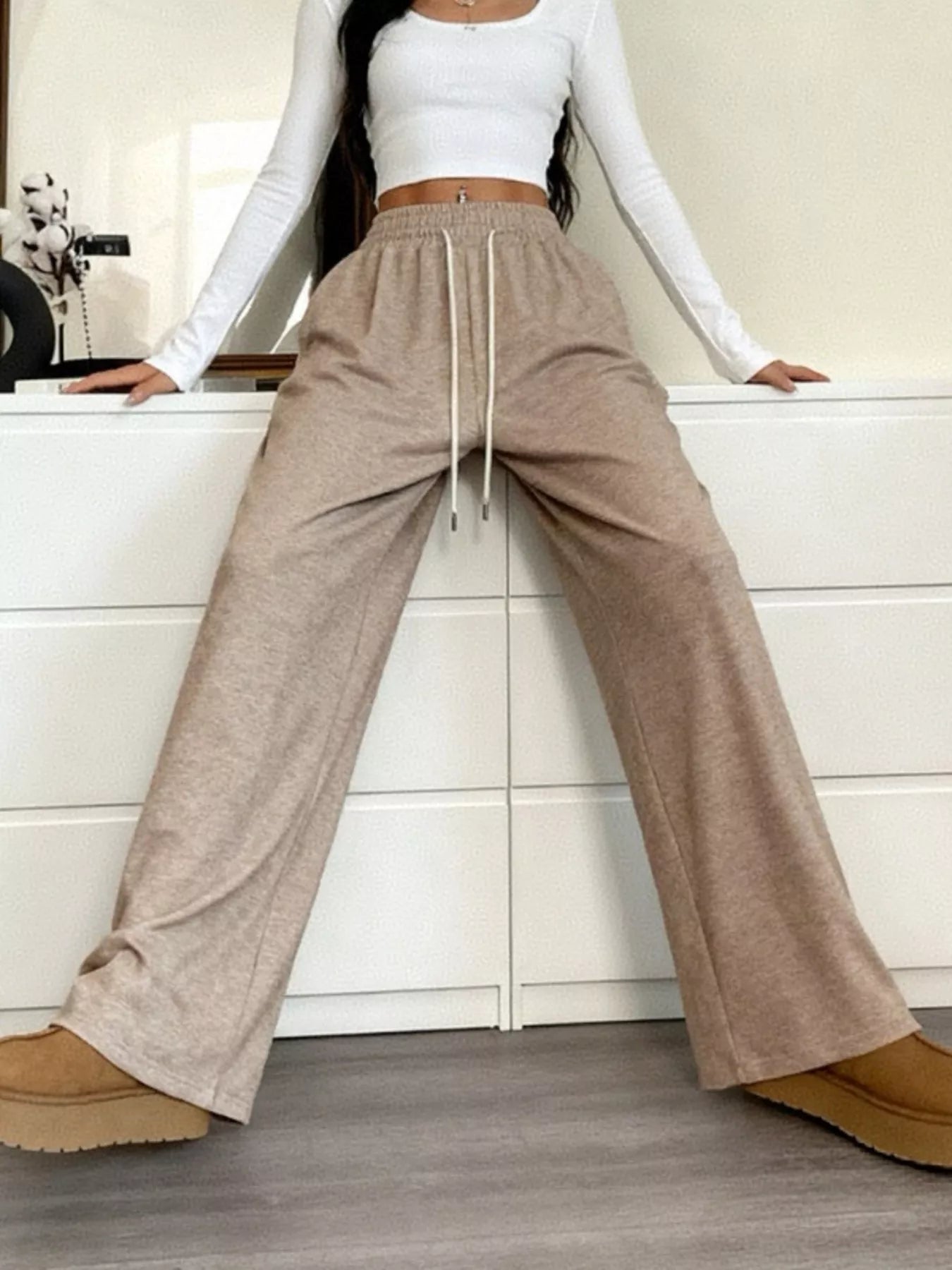 Casual Drawstring Waist Wide Leg Pants