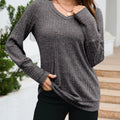 V-Neck Textured Knit Long Sleeve T-Shirt Gray