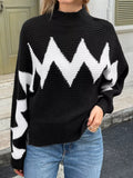 Zigzag Pattern Mock Neck Sweater Black
