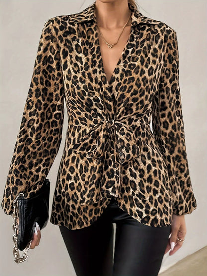 Leopard Print Tie Front Long Sleeve Blouse Leopard