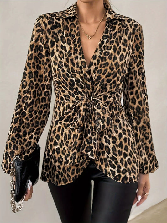 Leopard Print Tie Front Long Sleeve Blouse Leopard