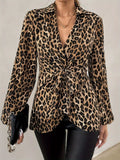 Leopard Print Tie Front Long Sleeve Blouse Leopard