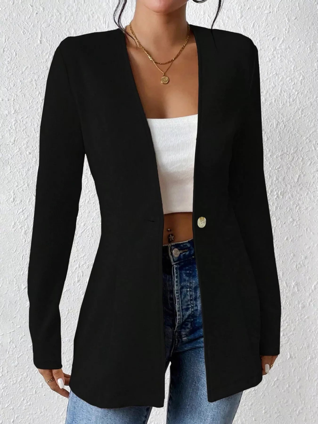 One Button Long Sleeve Blazer Black