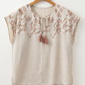 Geometric Embroidered Short Sleeve Tassel Tie Neck Blouse