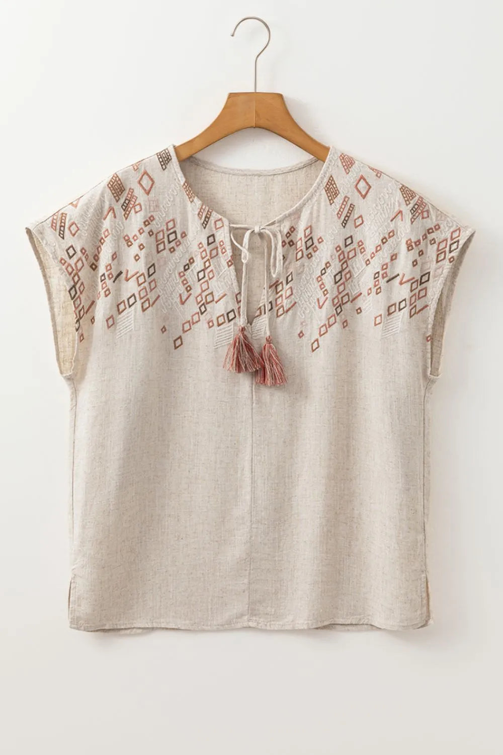 Geometric Embroidered Short Sleeve Tassel Tie Neck Blouse