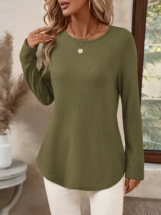 Plus Size Casual Waffle Knit Long Sleeve T-Shirt Army Green