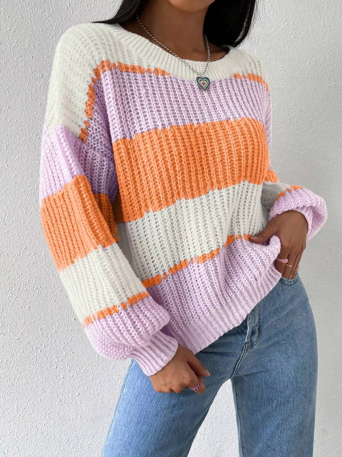 Striped Knit Round Neck Sweater Orange
