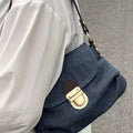 Denim Flap Shoulder Bag with Golden Clasp