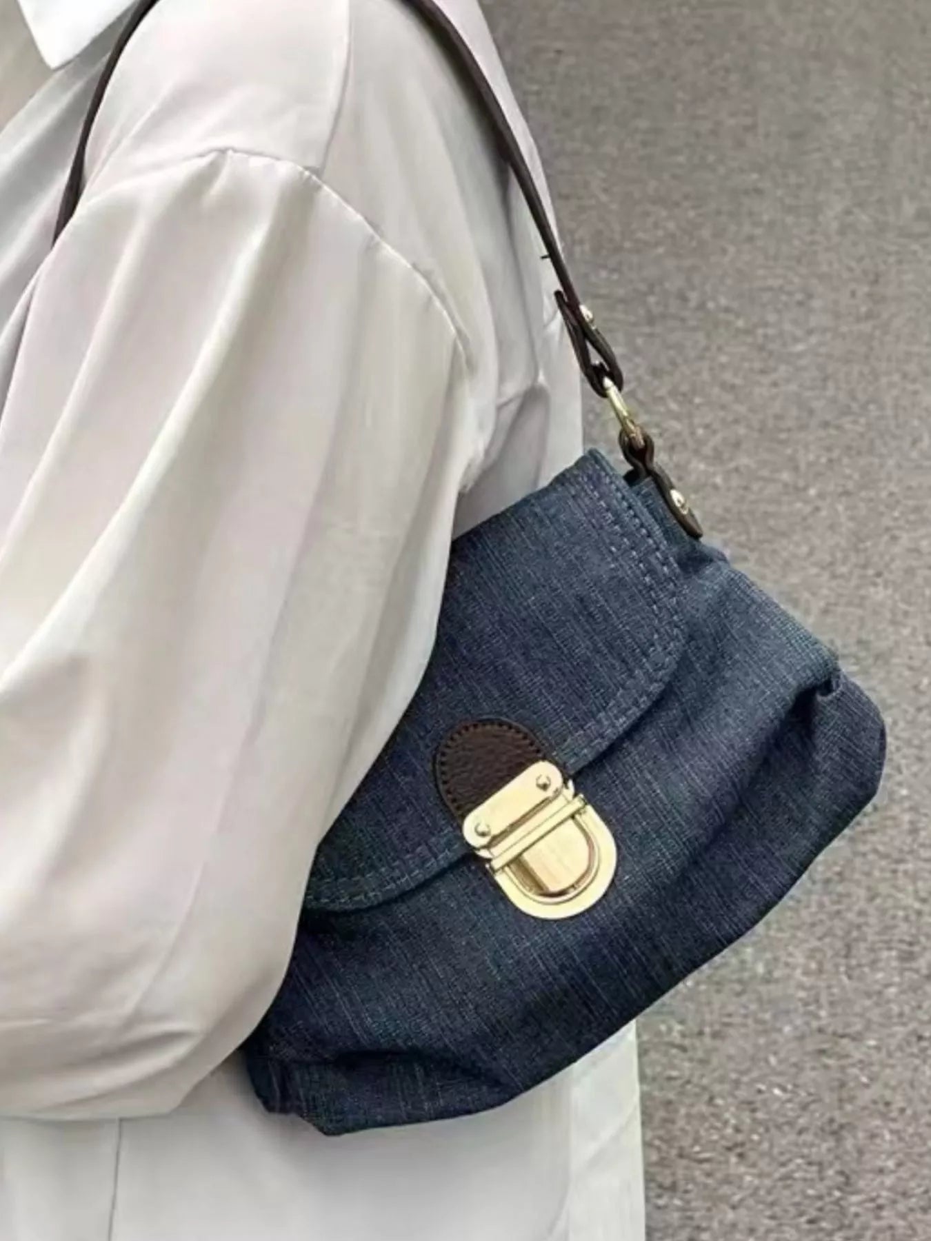 Denim Flap Shoulder Bag with Golden Clasp