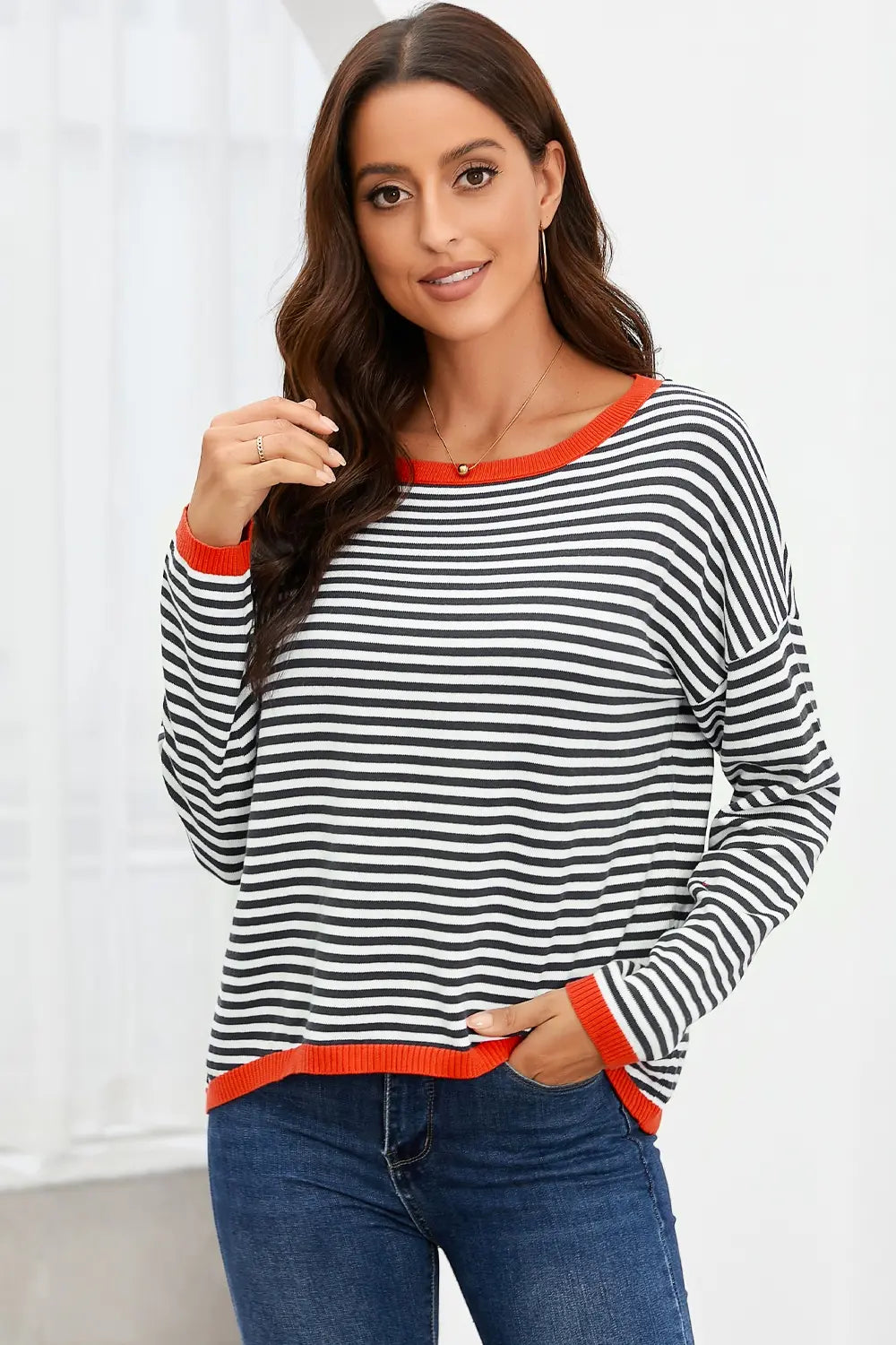 Striped Round Neck Drop Shoulder T-Shirt Stripe