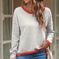 Striped Round Neck Drop Shoulder T-Shirt Light Gray