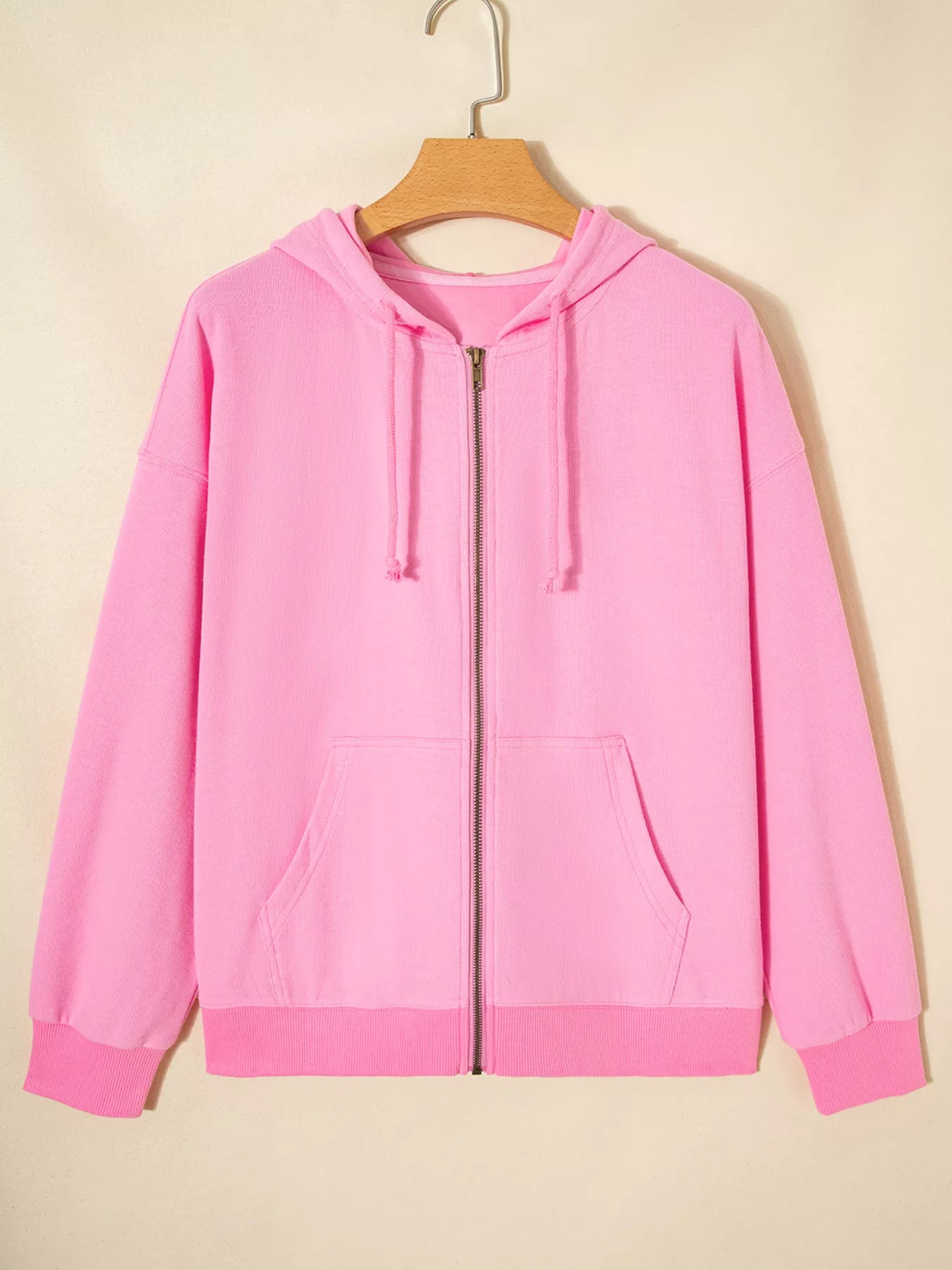 Solid Color Ribbed Zip Up Drawstring Hooded Jacket