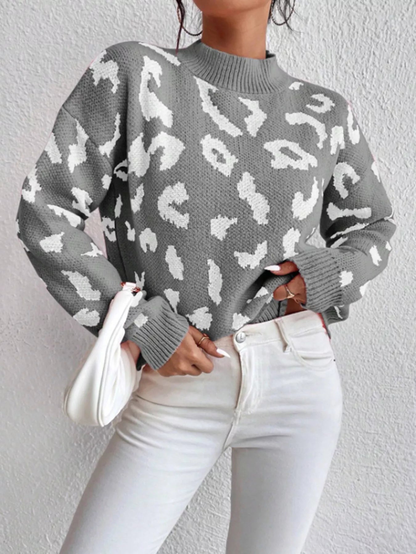 Leopard Mock Neck Sweater Grey