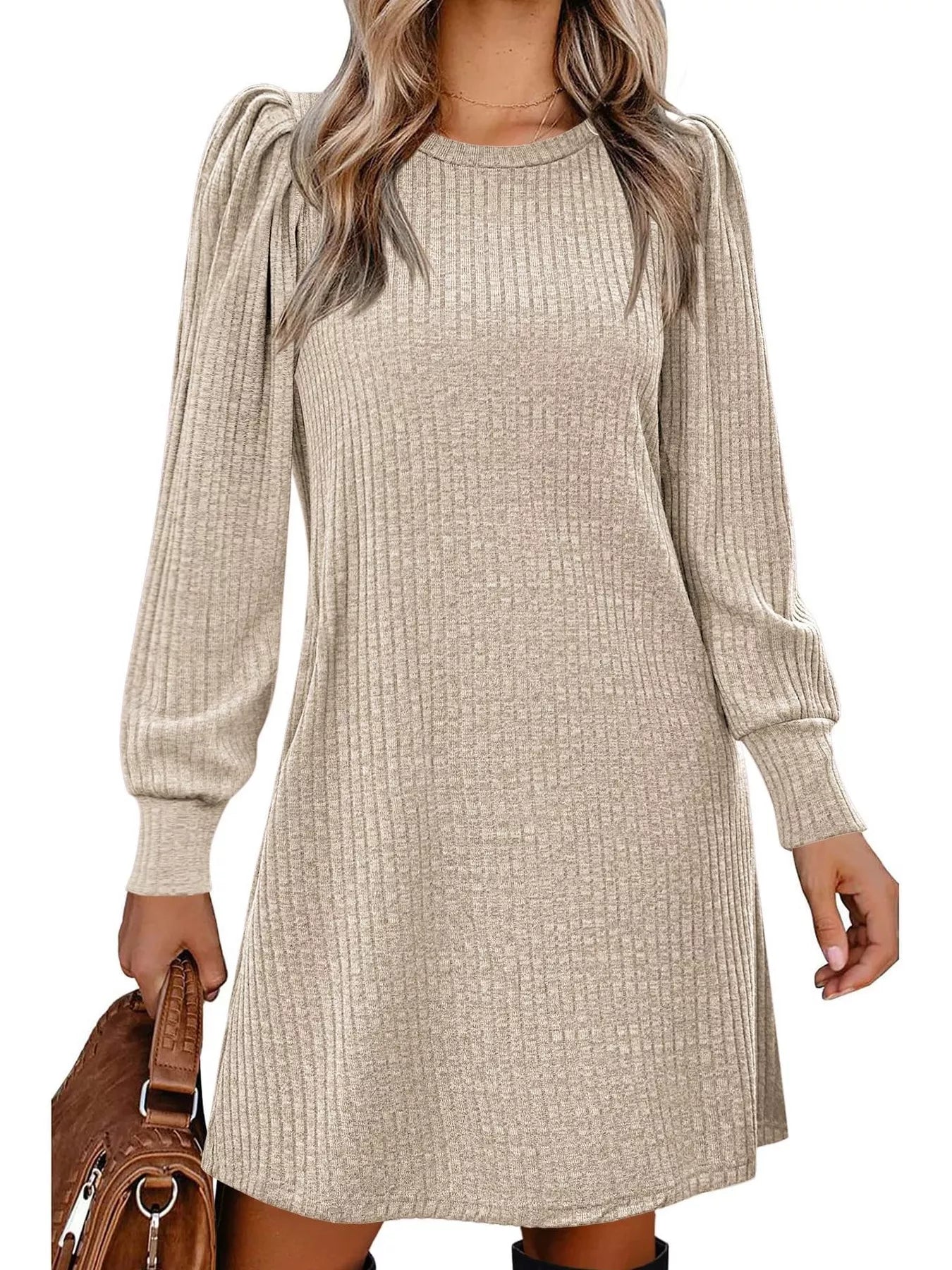 Ribbed Knit Puff Sleeve Casual Mini Dress