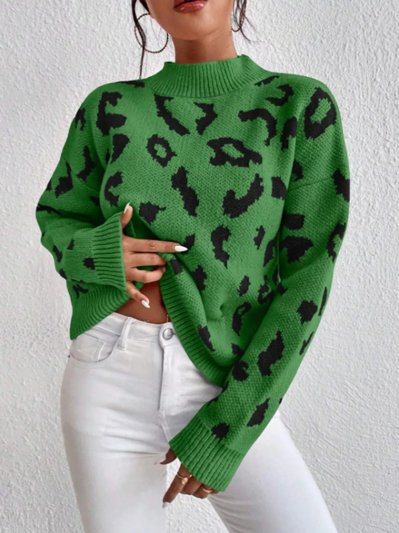 Leopard Mock Neck Sweater Green