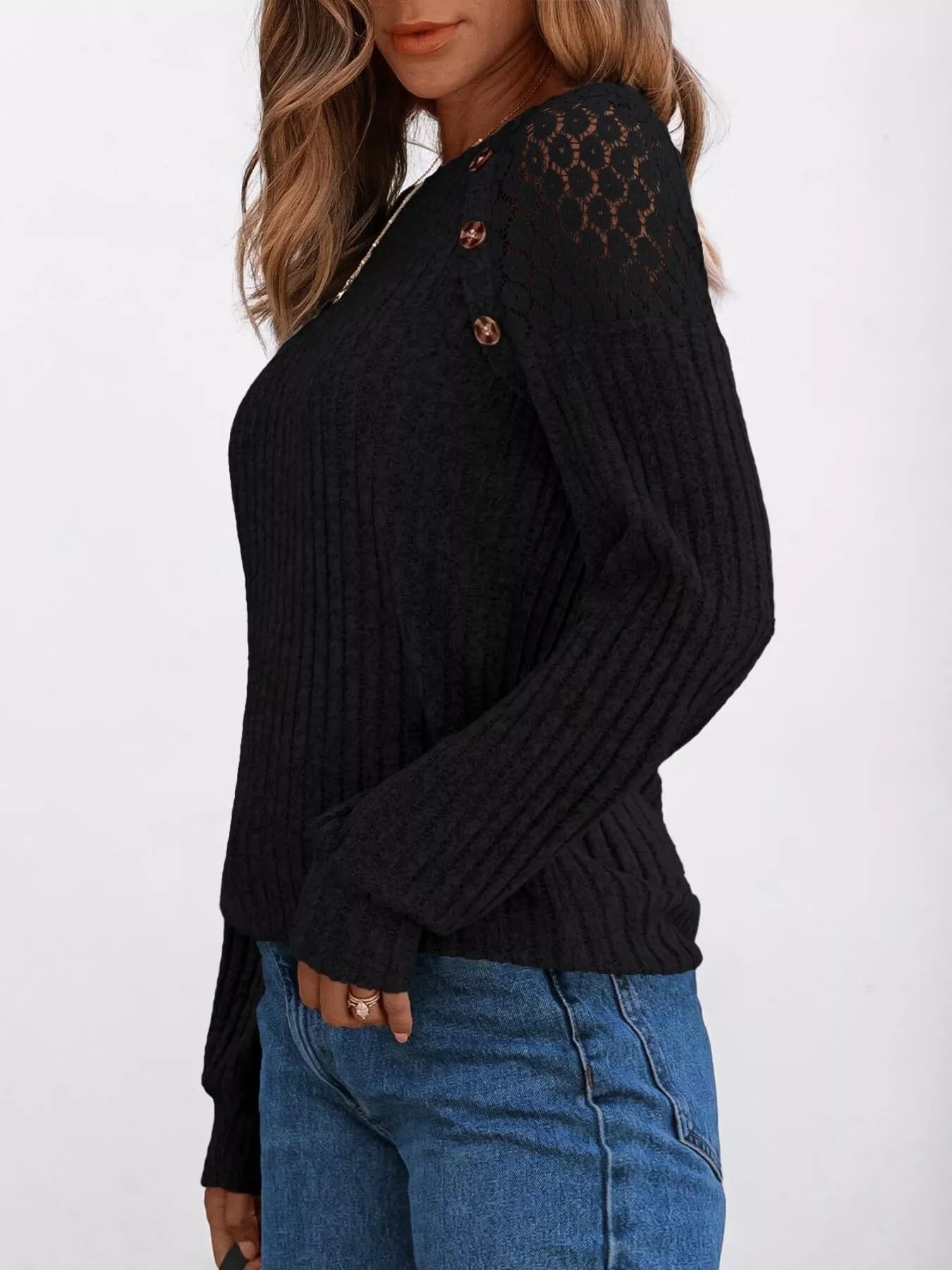 Ribbed Knit T-Shirt with Lace Shoulder Detail