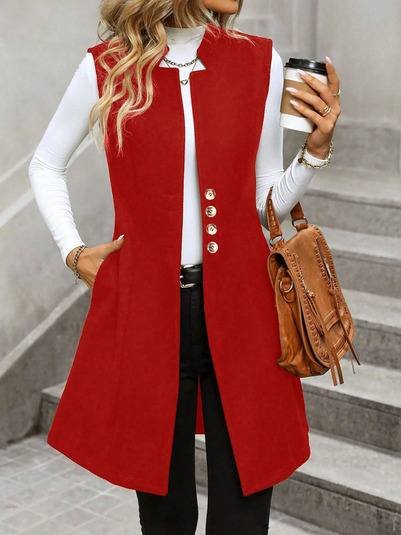 Button Up Longline Vest Coat Red