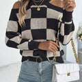 Cold Shoulder Checkered Long Sleeve Sweater