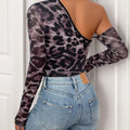 Leopard Print One Shoulder Long Sleeve Bodysuit