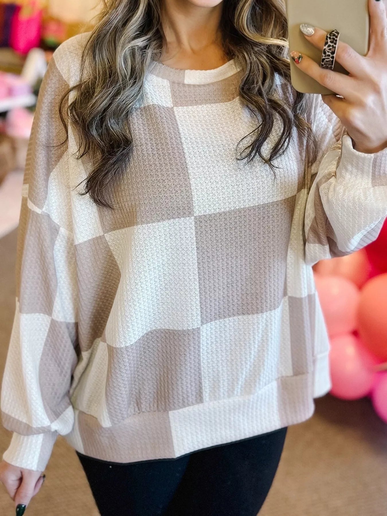 Checkered Breathable Textured Long Sleeve Top